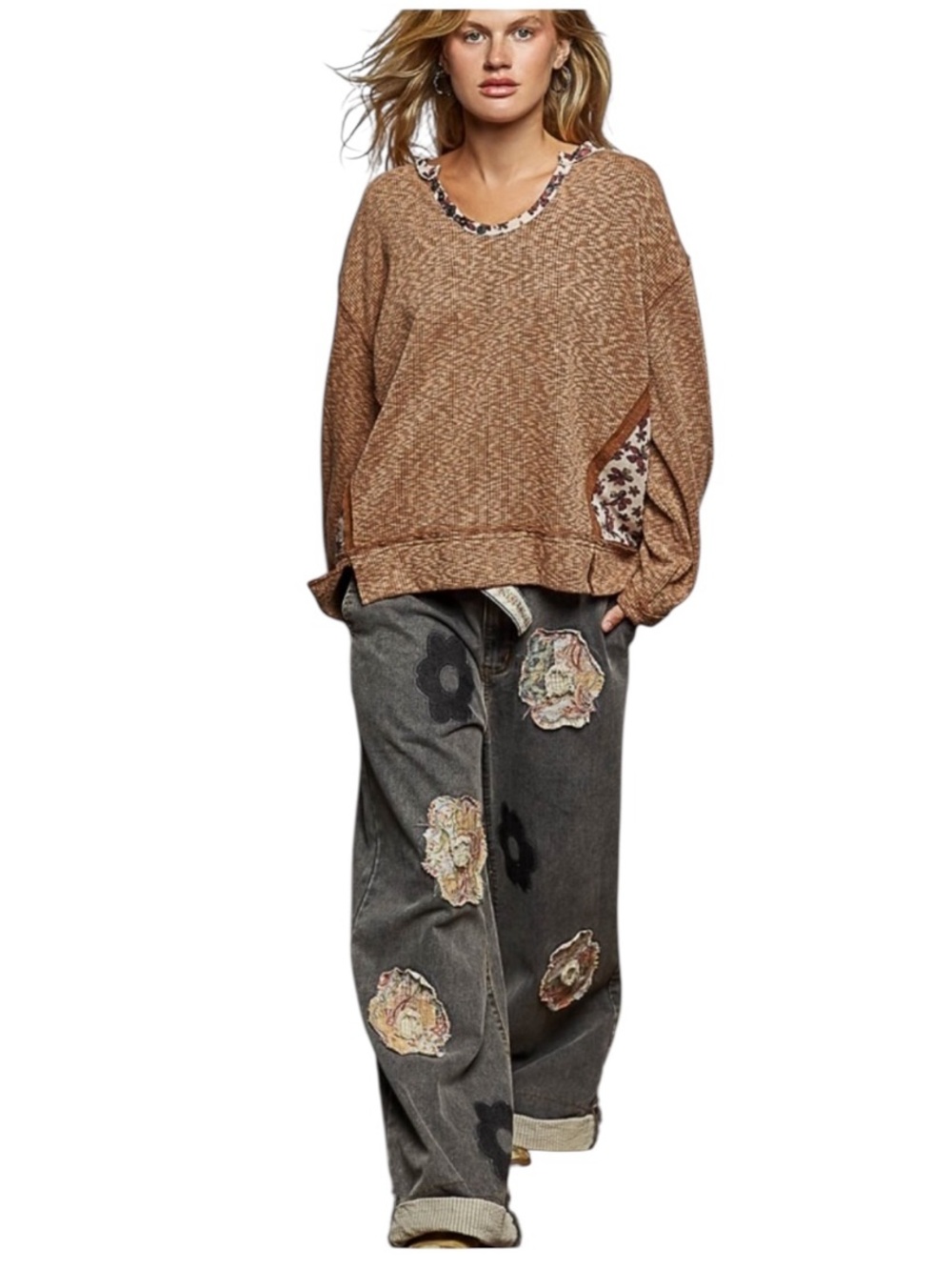 POL Brown Scoop Neck Balloon Sleeve with Floral accents Top - Picture 2 of 7